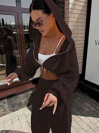 Жіночий стильний костюм оверсайз: худі та штани двонитка Шоколад, 42/46 Одеса