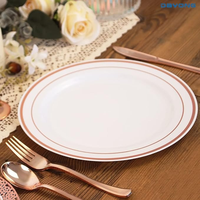 Набір тарілок пластикових 12 шт, десертні 19 см і обідні 26 см, круглі, білі рожево-золотистий візерунок Кам'янець-Подільський - фото 5