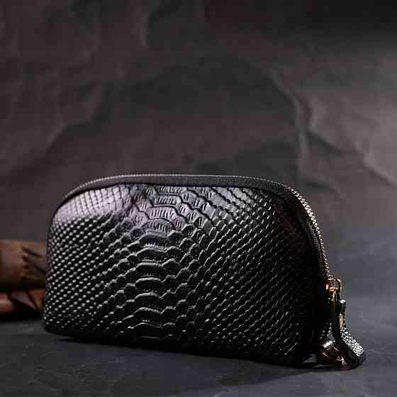 Фактурная женская барсетка из натуральной кожи с тиснением под змею Черный (Vintage) Киев