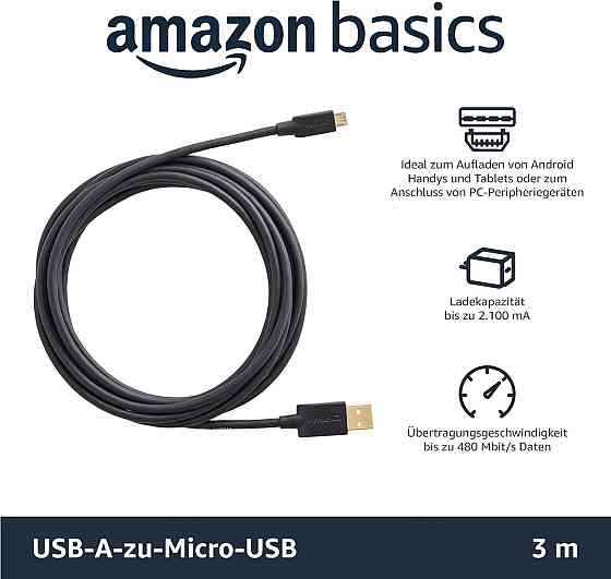 Кабель USB A на Micro USB 2.0 3 м чёрный 480Mbps с позолоченными контактами Киев