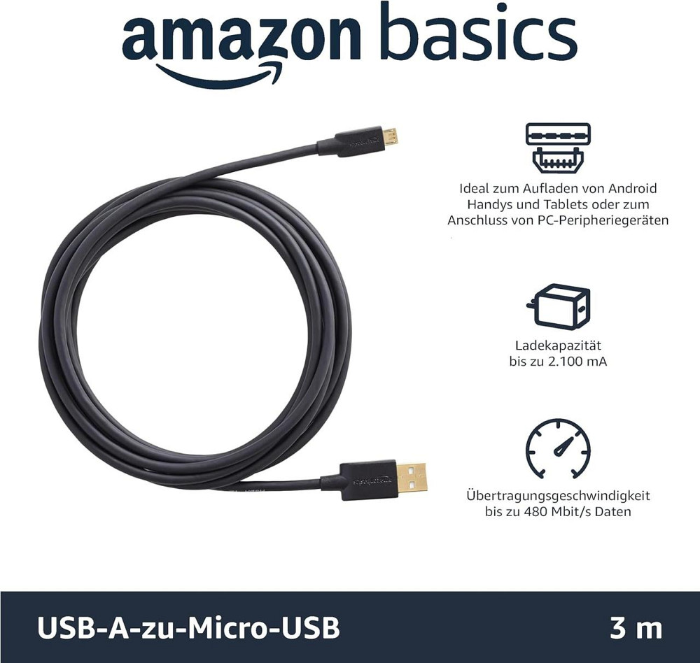 Кабель USB A на Micro USB 2.0 3 м чёрный 480Mbps с позолоченными контактами Киев - изображение 4