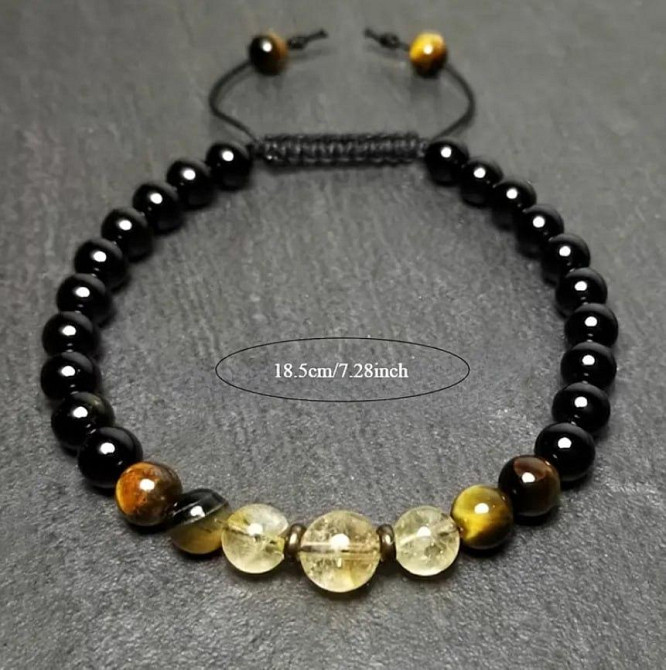 Браслет из натуральных камней: цитрин, тигровый глаз, оникс; бусины 6 мм; регулируемый шнур Киев - изображение 2