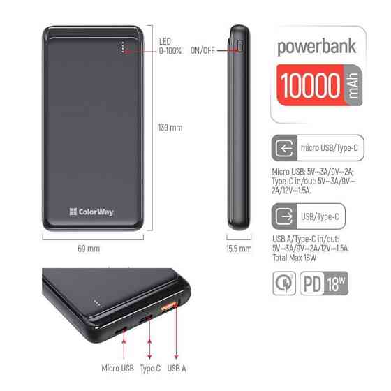 Універсальна мобільна батарея ColorWay Slim PD 10000 mAh Black (CW-PB100LPG3BK-PD) ( 21209 ) Харків