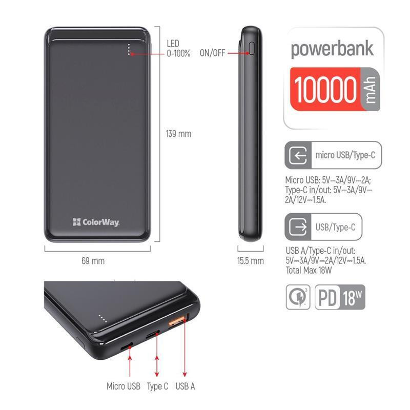 Універсальна мобільна батарея ColorWay Slim PD 10000 mAh Black (CW-PB100LPG3BK-PD) ( 21209 ) Харків - фото 5