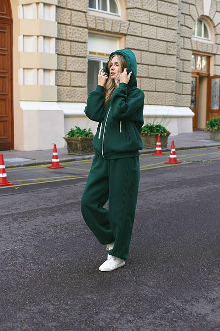 Жіночий прогулянковий теплий костюм: кофта та штани з турецької тринитки на флісі Смарагдовий Одеса - фото 7