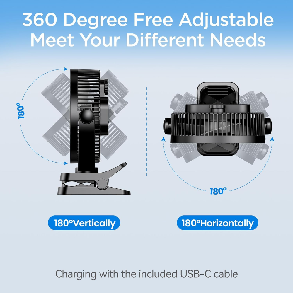 Портативний вентилятор EasyAcc DJ10 10000 мА·год, 4 швидкостей, дисплей, USB-C, кріплення 3-в-1, чорний Київ - фото 7