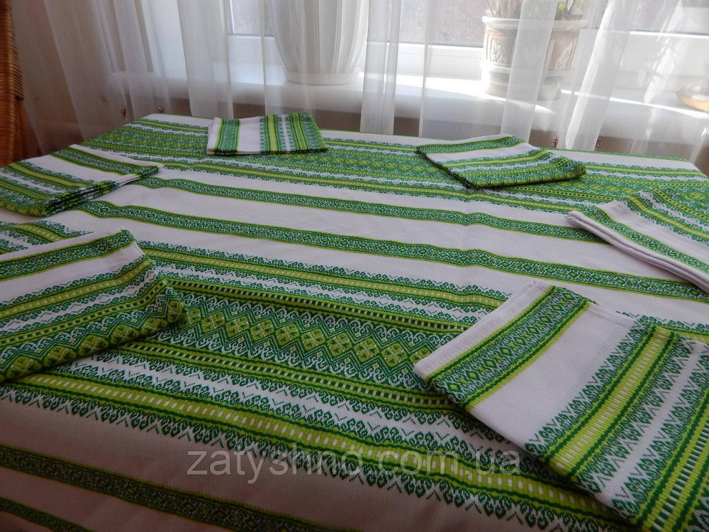 Скатерть зеленая вышитая на хлопке и салфетки 6 штук Киев - изображение 7