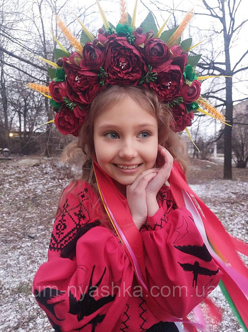 Вишневий віночок Обідок обруч з квітами "Сценічний вишневий зі стрічками" Кривий Ріг - фото 1