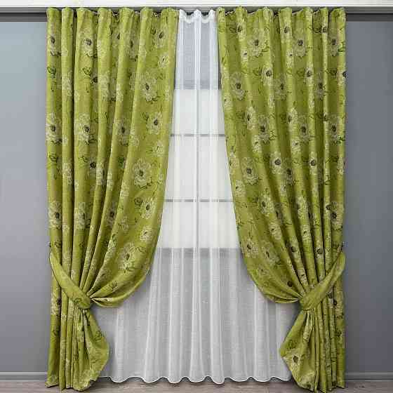 Комплект штор VR-Textil Лен Прованс 100х270 2шт и Тюль 400х270 2077ш-115т Оливковый с белым 71-212/2 Киев