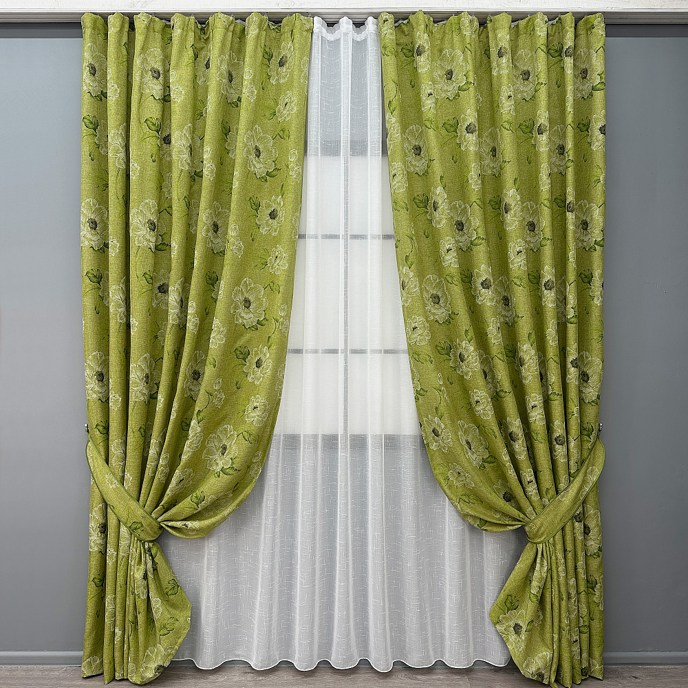 Комплект штор VR-Textil Лен Прованс 100х270 2шт и Тюль 400х270 2077ш-115т Оливковый с белым 71-212/2 Киев - изображение 1