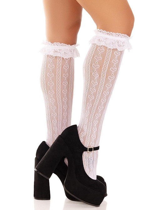 Гольфи ажурні Leg Avenue Sweetheart Ruffle Cuff Knee Highs, білі, малюнок-сердечка Sex Aura Київ - фото 2