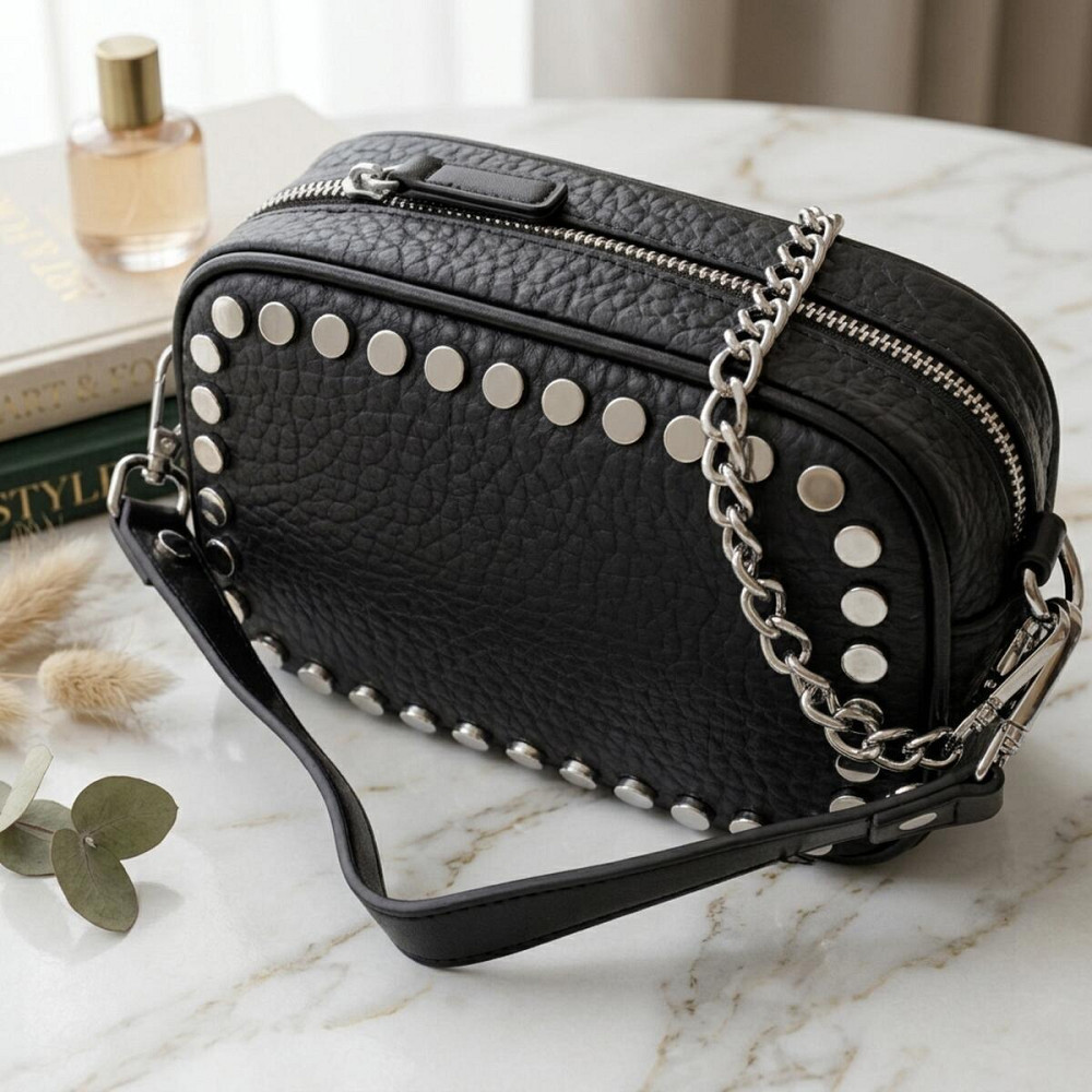 Стильна сумка декорована металевими кнопками з натуральної шкіри Vintage 22333 Чорна Київ - фото 11