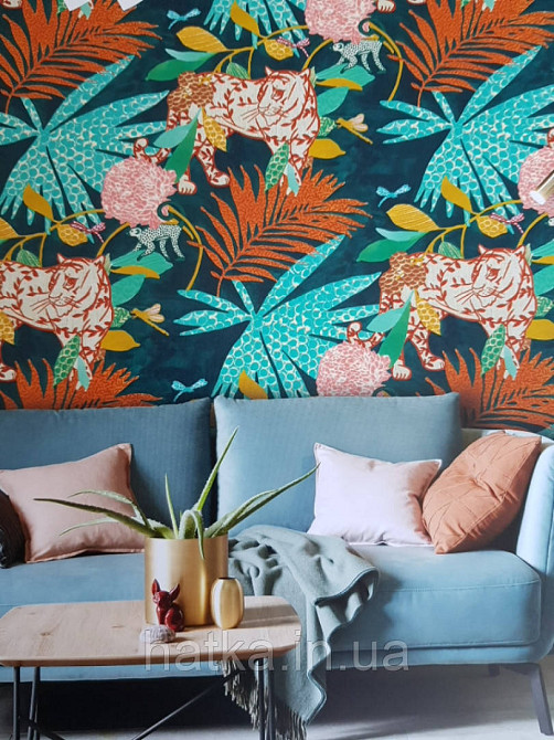 Обои виниловые на флизелине Marburg 0.53х10 New modern детские джунгли растения бабочки животные тигры пантеры Киев - изображение 2