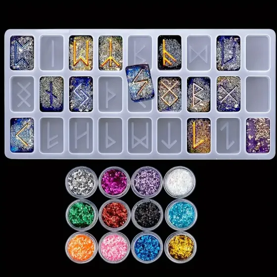 Силиконовый молд (форма) для изготовления рун 22×10,5 см + набор блёсток для смолы Киев