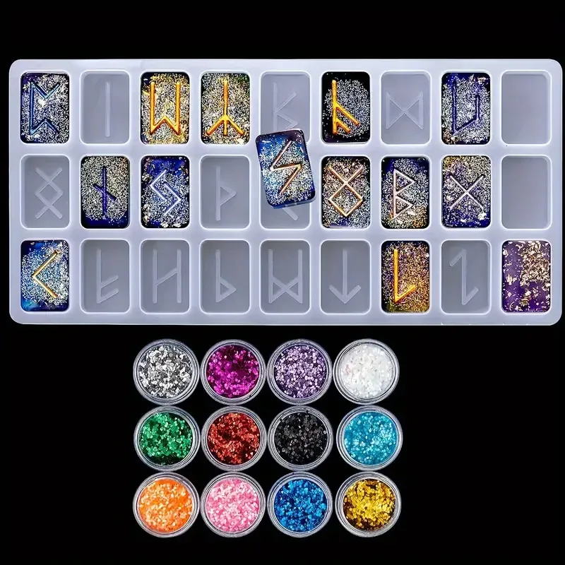 Силиконовый молд (форма) для изготовления рун 22×10,5 см + набор блёсток для смолы Киев - изображение 1