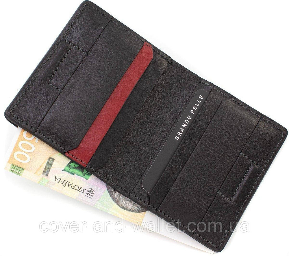 Маленький чоловічий гаманець на магнітах із чорної гладкої шкіри Grande pelle Buon 11327 Київ - фото 5
