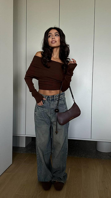 Женская базовая кофта с открытыми плечами турецкий рубчик. Шоколадный, 42/44 Одесса - изображение 1