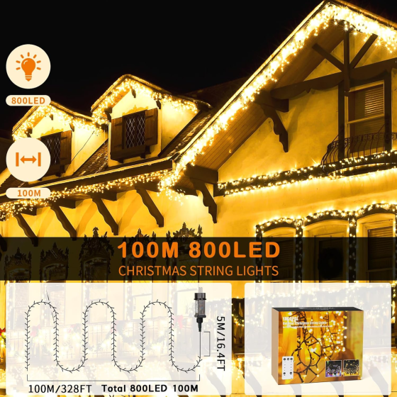 Різдвяна гірлянда YAGOPAL 100 м, 800 LED, теплий білий, 8 режимів, таймер 6/18 год, регулювання яскравості, IP65, пульт Київ