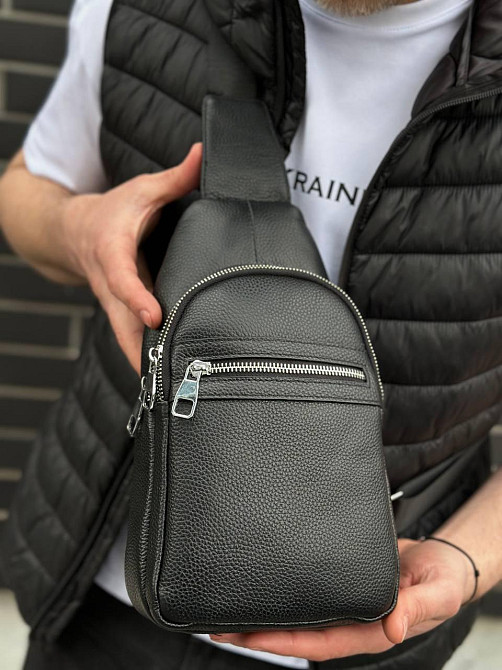 Мужская сумка-бананка через плечо 18х32х7, унисекс рюкзак на грудь с натуральной кожи TIDING BAG 3280 черный Каменское - изображение 18