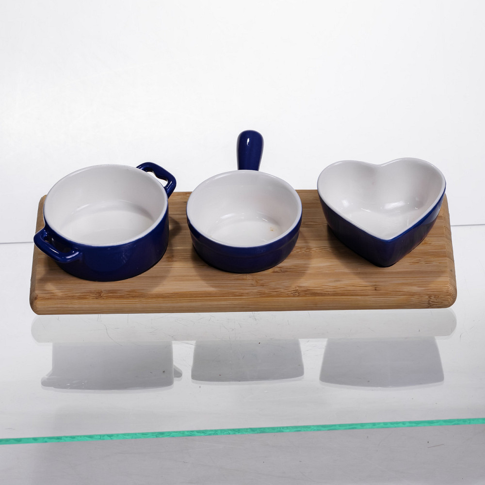 Набор менажниц фарфоровых для закусок 3 (шт) по 50 (мл) менажницы на бамбуковой подставке Синий HZ001-B Киев - изображение 1