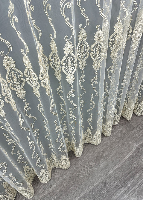 Тюль VR-Textil 1852т Фатин с вышивкой Корд и люрексом Молочный с золотистым 300х270 см (40-206) Киев - изображение 8