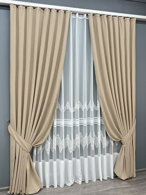 Комплект штор VR-Textil Мікровелюр Petek 150х270 2шт і Тюль 600х270 2013ш-1706т Бежевий з молочним 71-194/5 Київ - фото 2