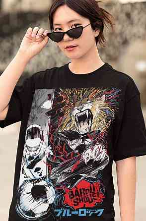 Футболка для хлопчика з аніме принтом Блуе Локк Кунігамі Рін оверсайз (зріст від 165 до 180) Чорний AnimeJ1156m Дніпро