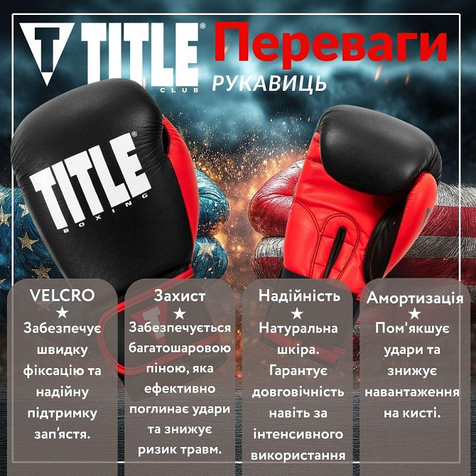 Боксерські рукавиці TITLE Boxing Dynamic Strike Black/Red 12 oz (бинти 4м. у комплекті) Кам'янське - фото 3