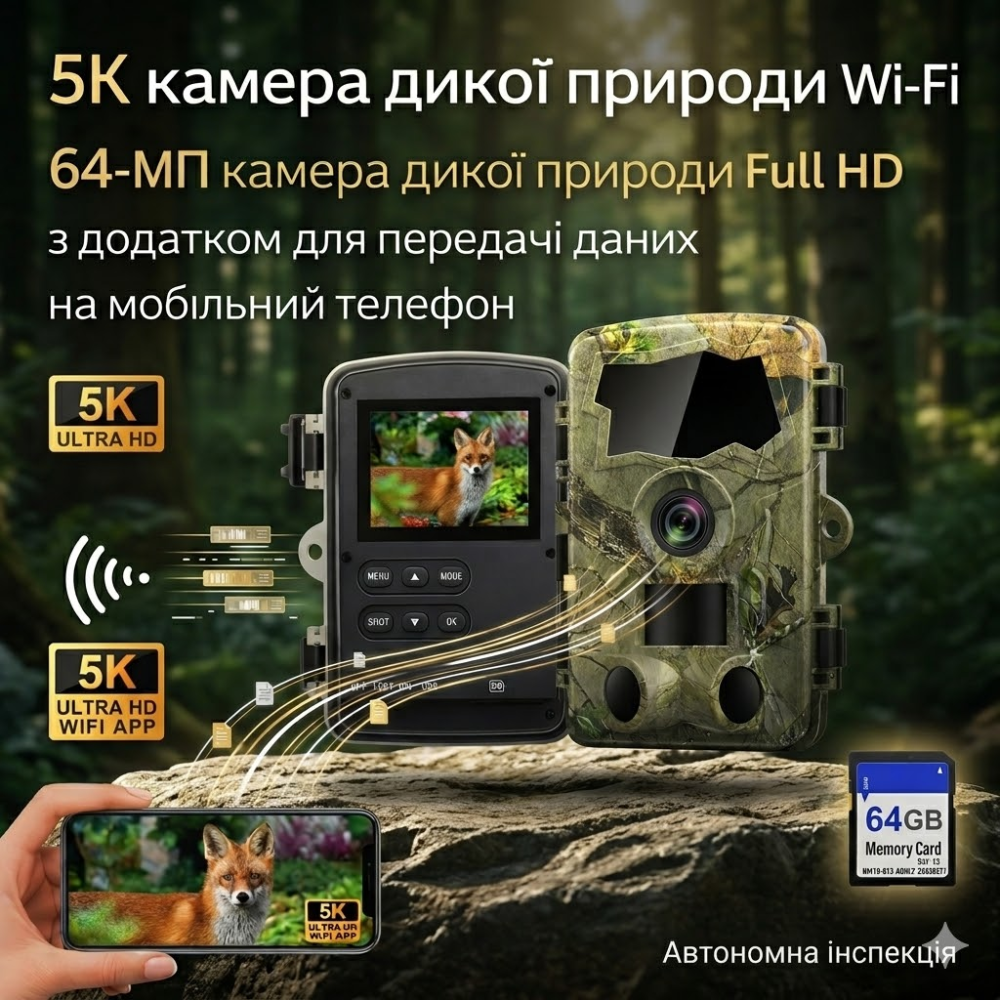 Фотопастка Камера дикої природи Lutranstra 5K Wi-Fi 64 МП, нічне бачення, 0.1 с, IP66, TrailCam Go, SD 64 ГБ + 8 батарейок Київ - фото 1