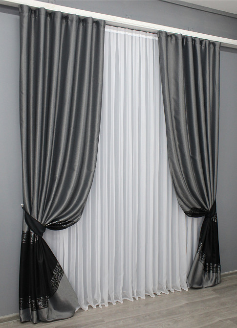 Комплект готовых штор VR-Textil ANZIO № 1468ш Серебристый с черным 140х280 см 2 шт (33-0333) Киев - изображение 3