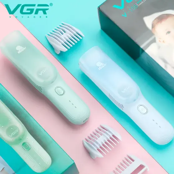 Машинка для стрижки детей бесшумная с вытяжкой VGR V-155, 4 безопасные насадки, IPX8, зеленая Коломыя