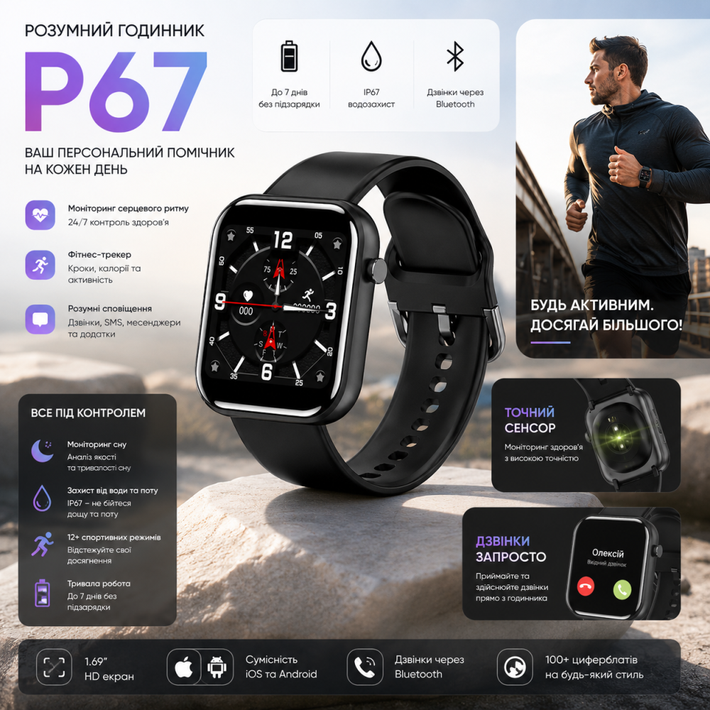 Розумний годинник P67 Smartwatch: Фітнес-трекер з моніторингом серцевого ритму, Сірий (Уцінка) Київ - фото 4