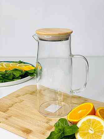 Глечик скляний "Арроу-бамбо" 1500 мл для напоїв прозорий із бамбуковою кришкою Київ