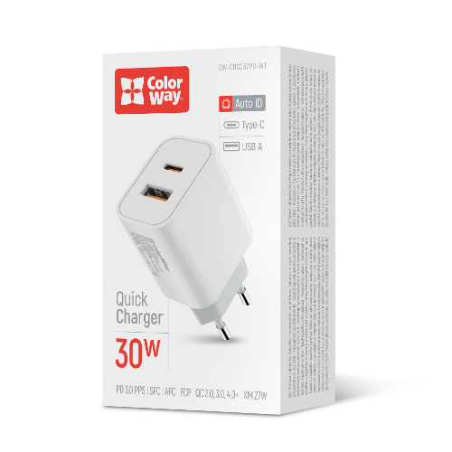 Зарядний пристрій мережевий USB/Type-C 3,0A QC+PD 30W білий ColorWay CW-CHS037PD-WT Житомир