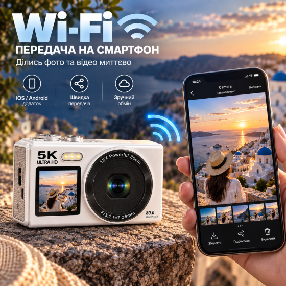 Цифрова камера 5K 80 МП Wi-Fi з подвійним екраном, EIS, 18x Zoom, 2 акумулятори + карта 64 ГБ, біла Київ