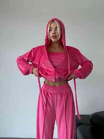Женский прогулочный плюшевый костюм тройка: кофта топ и штаны велюр-плюш Малина, 42/44 Одесса