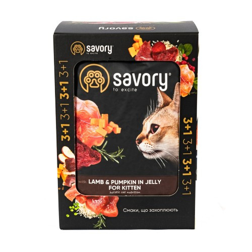 Набір паучів 3+1 Savory Kitten Lamb and Pumpkin in Jelly для кошенят шматки в желе з ягням та гарбузом 4х85 г Київ - фото 4