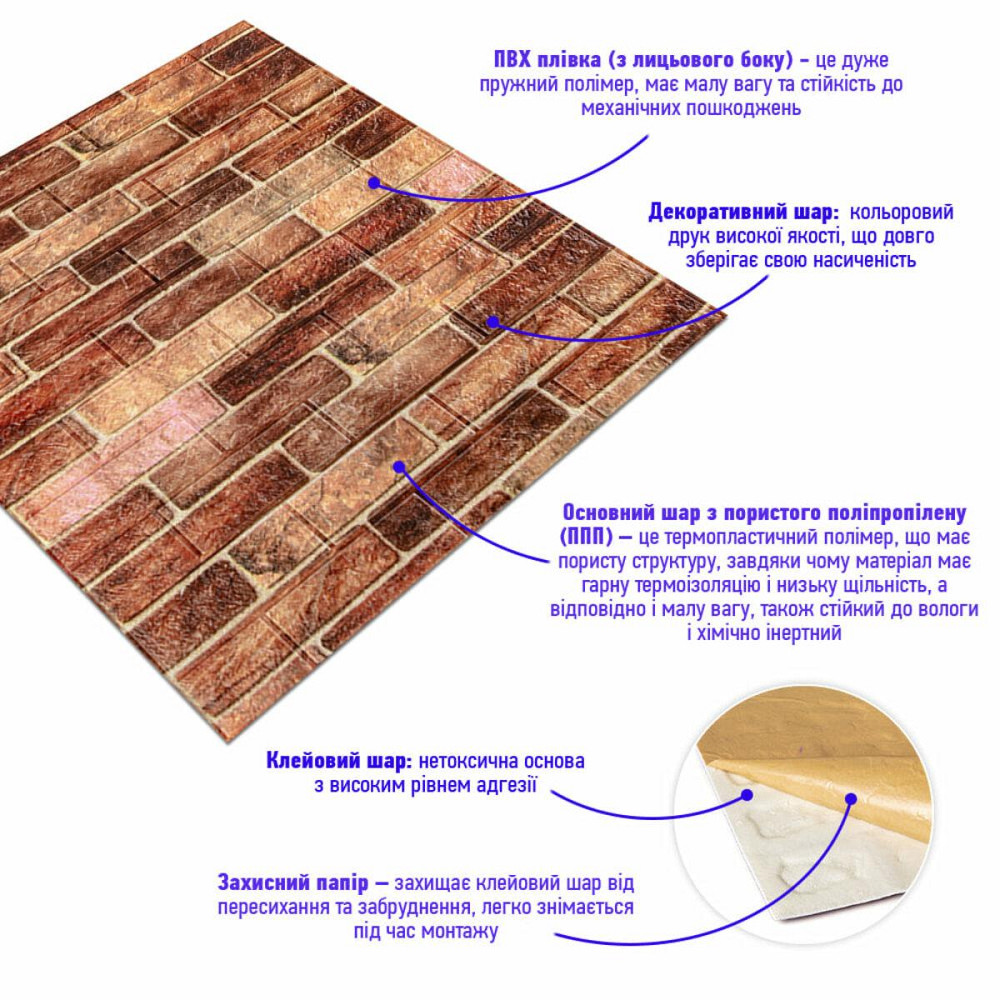 Самоклеюча декоративна 3D панель 700х770х5мм Коричнева Катеринославська цегла (179) SW-00000248 Дніпро - фото 2