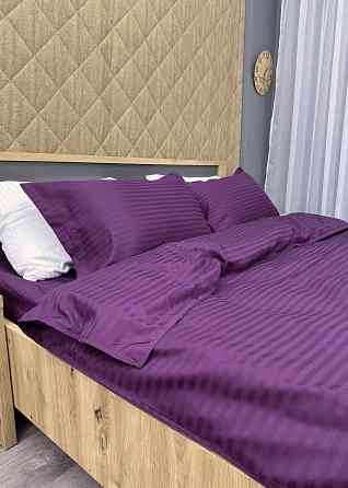 Комплект постельного белья Страйп-сатин Двуспальный 180х220 с простыней на резинке Баклажановый (88-088) Киев