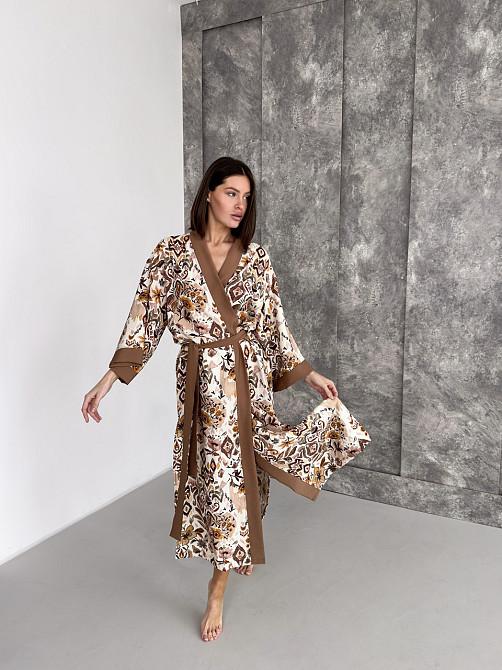 Жіночий халат віскоза домашній кімоно довгий COSY Boho Chic на запах у подарунковій упаковці кориця Одеса - фото 9