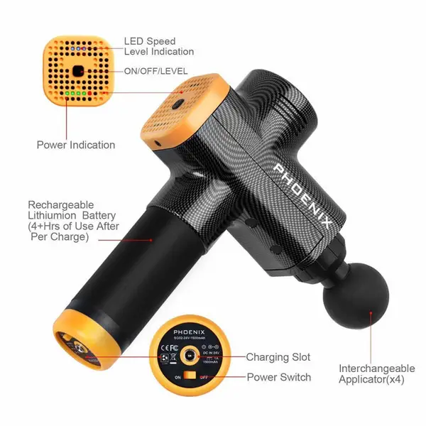 Масажний ударний пістолет тригерних точок Phoenix A2 (4 насадки) кнопковий Чорний Вінниця - фото 9