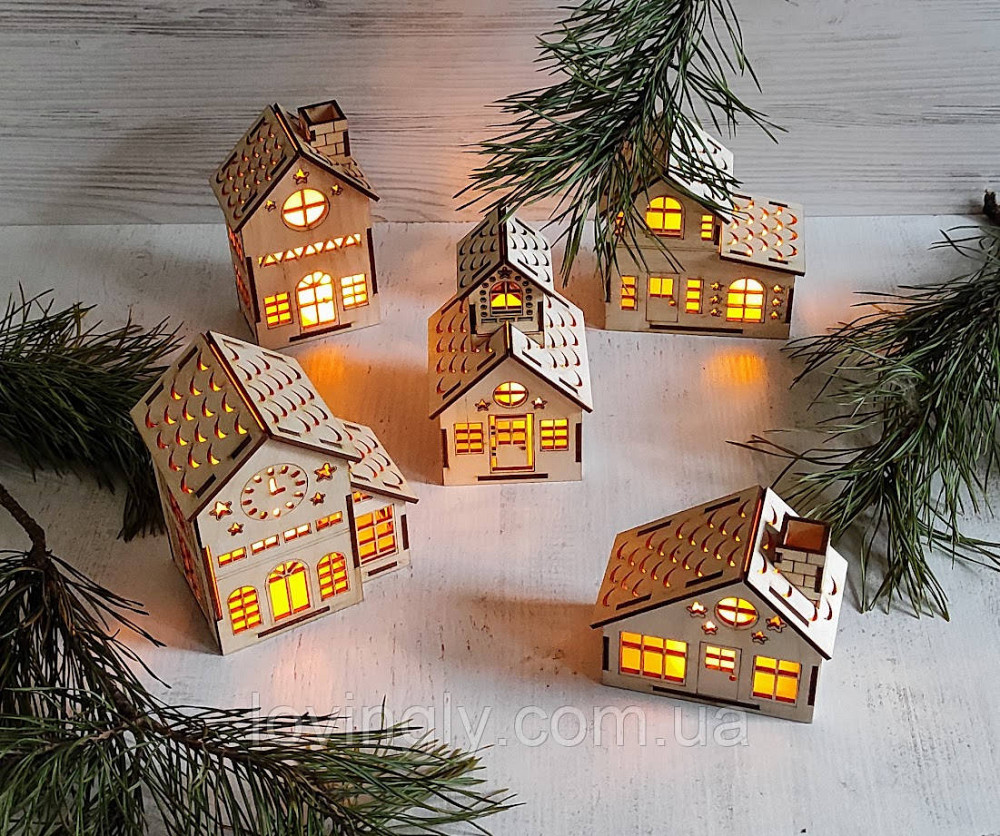 Новогодняя инсталляция “Сказочный городок” пять деревянных домиков с подсветкой Ирпень - изображение 2