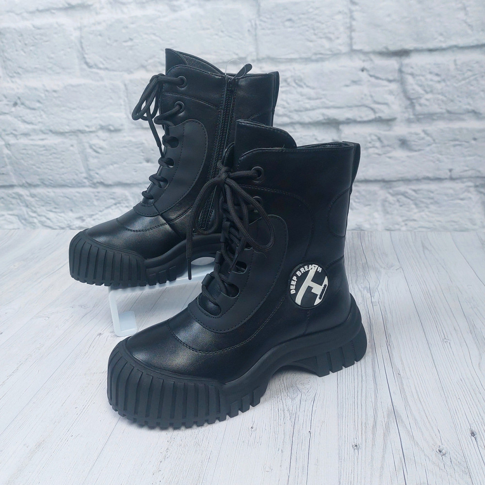 Детские зимние черные ботинки  для девочек с тракторной подошвой и шнуровкой  32,34,37 Николаев - изображение 3