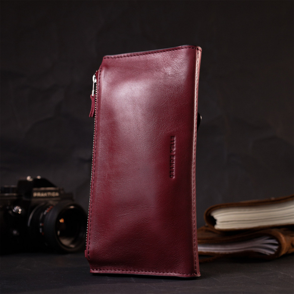 Місткий гаманець із монетницею зовні з натуральної шкіри GRANDE PELLE 11647 Бордовий Київ - фото 8