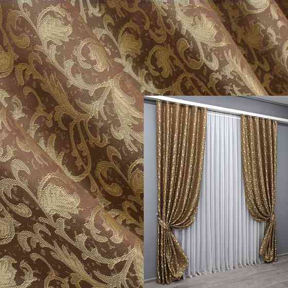 Комплект готовых штор VR-Textil Жаккард № 1587ш Коричневый с золотистым 140х270 см 2 шт (33-0548) Киев