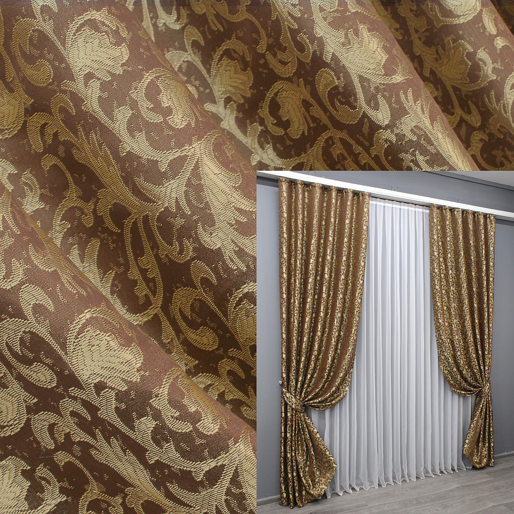 Комплект готовых штор VR-Textil Жаккард № 1587ш Коричневый с золотистым 140х270 см 2 шт (33-0548) Киев - изображение 1
