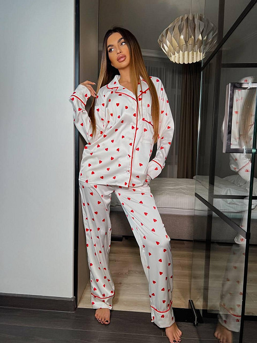 Женская пижама двойка с сердечками из шелка армани Белый, 48/50 Одесса - изображение 10