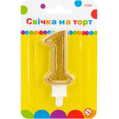 Свічка Maxi золотиста двостороння з блискітками "1", 7,62 см, на торт (MX622083-1) Вінниця