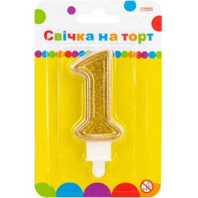 Свеча Maxi золотиста двостороння з блискітками "1", 7,62 см, на торт (MX622083-1) Винница - изображение 1