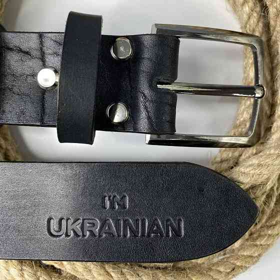 Ремень мужской из натуральной кожи для джинсов, кожаный пояс с тиснением I`m Ukrainian, черныйMasterSem Киев